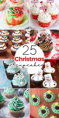 25 christmas cupcakes that are decorated with frosting and sprinkles