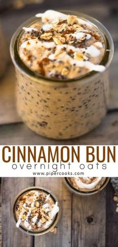 cinnamon buns with whipped cream and granola topping in small glass dishes on a wooden table