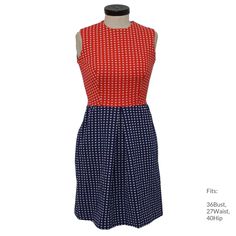 "70s \"By George\" Womens red, white and blue polyester sleeveless mid length knit dress. Polka dot textured print on a blue skirt and red bodice, fitted waist, an inverted front pleat on the skirt, bust darts, a round neck and back zip closure. Fits: 36Bust, 27Waist, 40Hip Our item # 261588" Casual Fitted Sleeveless Lined Dress, Fitted Retro Sleeveless Knee-length Dress, Fitted Mod Summer Dresses, Retro Fitted Sleeveless Cotton Dress, Fitted Knee-length Sleeveless Dress For Daywear, Mod Style Fitted Dresses For Daywear, Fitted Cotton Sleeveless Knee-length Dress, Fitted Mod Dresses For Daywear, Mod Sleeveless Workwear Dresses