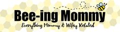 the bee - ing mommy logo is shown in black and yellow, with a honeybee flying