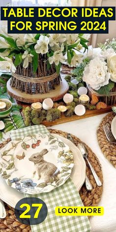 table decor ideas for spring and easter with flowers in baskets on the table, plates and napkins