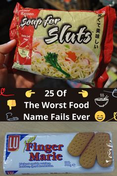 a person holding up a bag of noodles and crackers with the caption, 25 off the worst food name falls ever