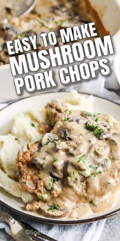 a white plate topped with mashed potatoes covered in mushroom gravy