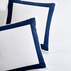 white and navy blue percale cotton euro shams Hudson Grace, Fine Linen, Wide Bands, Crate And Barrel, Extra Long, Pillow Shams, Interior Styling, Color Palette, Thread