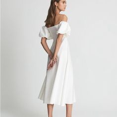 Reiss Shona Puff Sleeve Off-The-Shoudler Dress (White) Puff Sleeve Design, Crossback Dress, Off Shoulder Midi Dress, White Women Dresses, Color Block Shift Dress, Batwing Dress, Bodycon Sweater Dress, Bodycon Cocktail Dress, Grey Sweater Dress