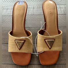 Open Square Toe/Slip On. New! Chic Brown Sandals For Beach Season, Beige High Heel Mules For Beach, Brown High Heel Mules For Vacation, Brown Slip-on Heels For Summer, Summer Brown Heels For Beach Season, Brown Slip-on Mules For Summer, Brown High Heel Mules For Summer, Brown Open Heel Mules For Beach, Brown Open Heel Mules For The Beach