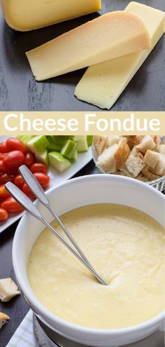 cheese fondue in a white bowl with spoons next to sliced tomatoes and crackers