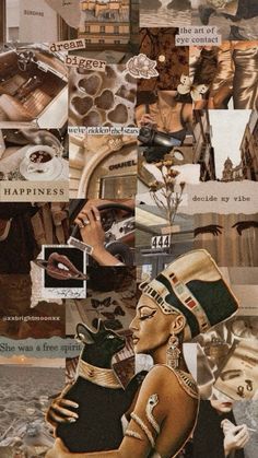 collage of various images including an egyptian woman and other things in the background with words written on them