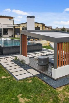 a house with a swimming pool in the middle of it's yard and landscaping