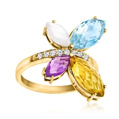 Ross-Simons - Moonstone, 4.20ct t. w. Multi-Gemstone Butterfly Ring, .12ct t. w. Diamonds. Size 9. As magnificent as the creature it's inspired by, this vibrant butterfly ring features captivating wings comprised of marquise 2.20 carat sky blue topaz, 1.50 carat citrine, .50 carat amethyst and 8x4mm moonstone. Finely crafted in polished 14kt yellow gold with .12 ct. t. w. round brilliant-cut diamonds twinkling along the center. 3/4" wide. Diamond, moonstone and multi-gemstone butterfly ring. Cit Elegant Multicolor Diamond Ring With Diamond Accents, Diamond Cluster Ring With Gemstone Accents In Yellow Gold, Yellow Gold Diamond Cluster Ring With Gemstone Accents, Yellow Gold Cluster Rings With Gemstone Accents, Elegant Multicolor Diamond Birthstone Ring, Citrine Birthstone, Vibrant Butterfly, Butterfly Ring, My Babe