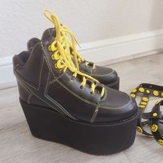 Yru Black /Yellow Platform Sneakers - Size 7 Nwot Never Used Comes With One Happy Face Bandage (Just One) No Box Black Platform Sneakers For Summer Streetwear, Yellow Platform Sneakers For Streetwear With Rubber Sole, Yellow High-top Platform Sneakers, Yellow Platform Sneakers For Streetwear With Round Toe, Yellow Platform Sneakers For Streetwear, Yellow High-top Platform Sneakers For Streetwear, Trendy Yellow Platform Sneakers, Trendy Neon Yellow Sneakers For Streetwear, Yellow Lace-up Platform Sneakers For Streetwear