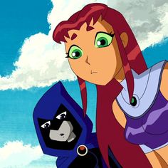 a woman with red hair and green eyes standing next to a black cat in the sky