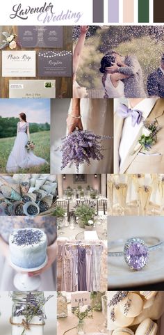 a collage of wedding photos with lavenders and greenery