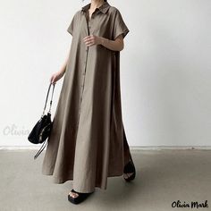 Olivia Mark - Loose-Fit Linen Short-Sleeve Shirt Dress with Turn-Down Collar Short Sleeve Dress Shirt, Coffee Color, Linen Short, Button Up Dress, Coffee Colour, Types Of Skirts, Collar Dress, Shirt Collar, Olivia Mark