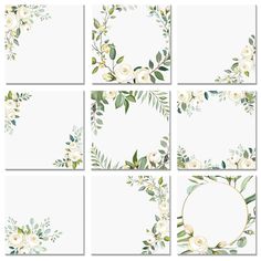 six floral cards with white flowers and greenery on them, all in different sizes