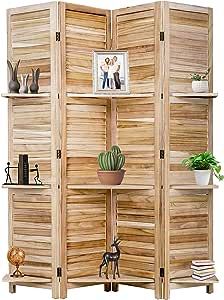 a wooden room divider with two shelves and a potted plant