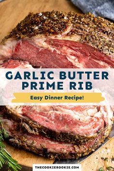 garlic butter prime rib steak on a cutting board with rosemary sprigs in the background