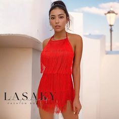 Lasaky - Fringe Sleeveless Halter Neck Backless Party Romper Elegant Backless Tank Top For Summer, Red Fitted Tank Top For Party, Glamorous Sleeveless Tank Top For Club, Evening Party Season Halter Neck Tank Top, Chic Halter Neck Tank Top For Party, Red Tank Top For Summer Clubbing, Backless Tank Top For Spring Party, Summer Party Halter Top With Fringe, Backless Halter Top For Party