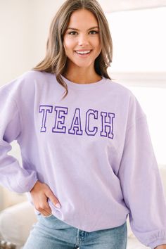 This sweatshirt is for all you teachers out there! You work hard molding the minds of all our little ones! Which is why we think at the very least, we could help keep you cozy and warm this school year! This sweatshirt with its cute embroidery is perfect for keeping in your classroom for when you get chilly or any time you want to feel comfy but cute! This sweatshirt features a crew neckline, long sleeves, a corded fabric, and cute embroidery. Material has a generous amount of stretch.Sydney is Cute Embroidery, Friend Outfits, Embroidered Sweatshirt, Lilac Purple