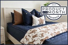 an image of a bed with blue and brown pillows on it that says product of the month