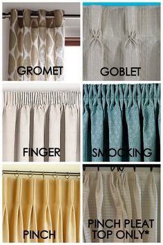 different types of curtains with the words grommet, pinch pleat, pinch top only