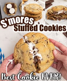 the cover of s'mores stuffed cookies best cookie ever, with images of chocolate chip cookies and marshmallows