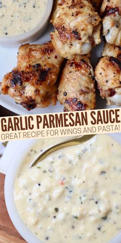 grilled chicken wings with garlic parmesan sauce on the side and in a white bowl