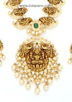 22 Karat Gold " Lakshmi - Peacock" Long Necklace & Drop Earrings Set with Cz , Color Stones & Japanese Culture Pearls (Temple Jewellery) - 235-GS3626 - in 144.000 Grams for USD $11004.13. 
Made in India by Totaram Jewelers Online this product is in Gold - 22 Karat BIS Hallmark 916 KDM Gold  & is an excellent gift for Adult - Women. Ships fully insured with secured guaranteed delivery for free with your order over $250 from New Jersey USA & comes with 30 days exchange policy. Luxury Gold-plated Temple Jewelry Necklaces, Luxury Chandbali Temple Necklace, Luxury Chandbali Temple Necklace For Festivals, Luxury Temple Jewelry Danglers As Gift, Cheap Gold Temple Jewelry Danglers, Luxury Yellow Gold Temple Necklace With Gemstones, Luxury Gold Dual-tone Temple Necklace, Luxury Temple Jewelry With Multi-stone, Luxury Hand Set Ornate Temple Necklace