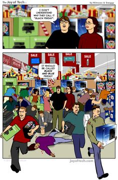 the comic strip shows people shopping in a store