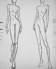 a drawing of two female mannequins standing next to each other in different positions