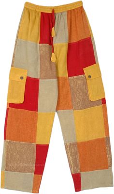 Think of bright fall leaves or an artist's oil painting of a desert landscape with rocks and sand, you see the similar color impact in these patchwork boho lounge pants for the season.  They are loose, comfortable, and bohemian/hippie in style with an array of patchwork that looks unique, bright, and inviting. #tlb #SplitSkirtsPants #Patchwork #Pocket #bohemianfashion #Handmade #Unisex #GypsyPants Multicolor Cotton Harem Pants For Fall, Multicolor Bohemian Harem Pants For Fall, Bohemian Multicolor Harem Pants For Fall, Bohemian Multicolor Fall Harem Pants, Multicolor Festival Pants For Fall, Bohemian Yellow Pants With Pockets, Landscape With Rocks, Oc Fashion, Patchwork Trousers