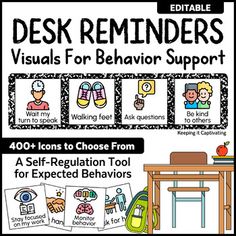 a poster with the words desk reminders for behavior support and an image of a table