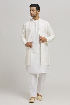 Cream jacket with thread embroidered stripe patterns. Comes with inner kurta and pant. - Aza Fashions Collar Kurta, Kurta Set Men, Men Kurta, Pattern Jacket, Cream Jacket, Cotton Kurta, Jacket Pattern, Kurta Set, Mandarin Collar