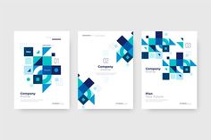 three brochures with blue geometric shapes