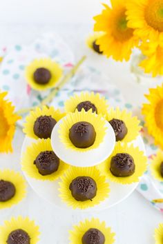 chocolate covered sunflowers are sitting on a table next to plates with pastries