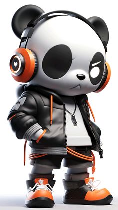 a cartoon panda bear wearing headphones and a black jacket with an orange stripe on it's chest