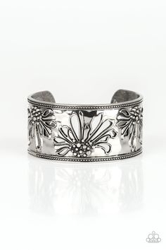 A hammered silver cuff is embossed and stenciled in an airy wildflower pattern for a seasonal look. Sold as one individual bracelet. P9WH-SVXX-190XX Wildflower Pattern, Hammered Cuff Bracelet, Flower Cuff Bracelet, Nickel Free Jewelry, Jewelry Bracelets Silver, Paparazzi Accessories, Paparazzi Jewelry, Affordable Jewelry, Hammered Silver