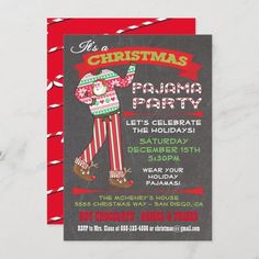 a christmas party flyer with an image of a man in striped pants and santa hat