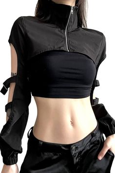 Introducing the High Neck Extreme Crop Top Techwear Jacket for Women! Elevate your style with this cutting-edge piece that seamlessly fuses fashion and function. Crafted with a blend of high-quality cotton and polyester materials, this black jacket is a must-have for techwear enthusiasts and those who embrace the urbancore aesthetic. Free shipping in the US and worldwide. S - Chest: 91 cm (35.83 inches); Length: 26 cm (10.24 inches); M - Chest: 95 cm (37.40 inches); Length: 27 cm (10.63 inches); L - Chest: 99 cm (38.98 inches); Length: 28 cm (11.02 inches); Unmatched Style: Embrace the future of fashion with this extreme crop top jacket that's perfect for techwear, modern streetwear, and TikTok-inspired clothing trends. Exceptional Comfort: Made from high-quality cotton and polyester, this Types Of Turtlenecks, Cyberpunk Fashion Women, Turtleneck Streetwear, Arcane Oc, Streetwear Fashion Black, Styl Grunge, Turtleneck Pattern, Moda Grunge, Techwear Jacket