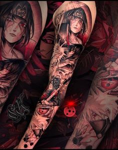 Anime Tattoo Arm Sleeve, Naruto Full Sleeve Tattoo, Naruto Sleeve Tattoo, Anime Tattoos For Men Sleeve, Anime Sleeve Tattoo, Kakashi Tattoo, Anime Arms, Gamer Tattoos