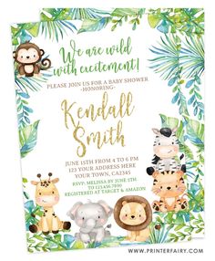 an animal themed baby shower is featured in this jungle theme card design with the words, we're wild with excitement