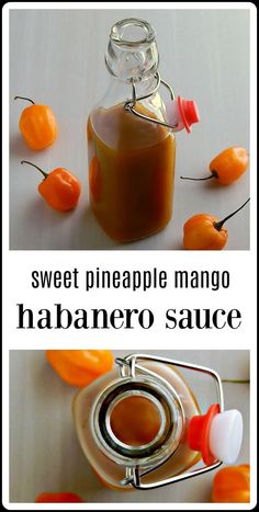 sweet pineapple mango habanero sauce in a glass bottle