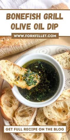 grilled bread with pesto sauce on top and text that reads bonefish grill olive oil dip