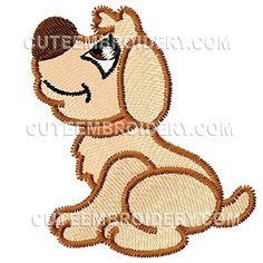 a brown dog sitting down with its eyes closed and tongue out, embroidered on a white background