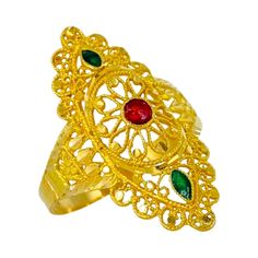 Vintage 22k Gold Wedding Traditional Ring. The ring features enamel colors red and green. Very well designed ring beautiful attention to details. The ring weights 3.1g and is a size 8.75 Traditional Ring, Gold Enamel, The Ring, 22k Gold, Gold Wedding, Red Color, Wellness Design, Jewelry Rings, Wedding Rings