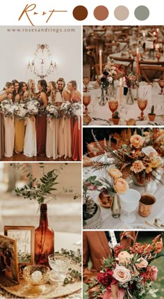 a collage of photos with flowers, candles and vases on them in different colors