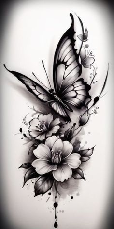 a black and white drawing of a butterfly with flowers on it's back side