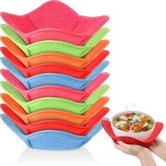 PRICES MAY VARY. Package includes: you will receive 10 pieces of multi color bowl holders in bright colors, enough quantity and a good combination to meet your daily uses and replacement Multiple functions: you can not only use these reusable bowl holder to hold hot foods, but also can use them to carry ice cream and frozen yogurt directly from the refrigerator Size information: each microwave safe bowl holder measures approx. 19 x 19 x 9 cm/ 7.5 x 7.5 x 3.5 inches, which is a suitable size fitt Refrigerator Size, Microwave Bowl Holders, Bowl Holders, Refrigerator Sizes, Things To Buy On Amazon, Microwave Plate, Plate Holders, Bowl Holder, Microwave Bowls