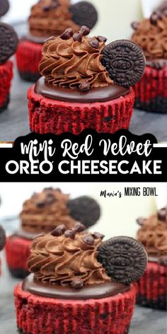 Two pictures, each with side view close ups of delicious red velvet oreo cheesecake cupcakes. There are other cupcakes it the background...all red velvet with chocolate on top and an oreo cookie to complete them. Oreo Cheesecake Mini, Red Velvet Oreo Cheesecake, Oreo Cheesecake Cupcakes, Velvet Recipes, Velvet Desserts, Red Velvet Oreo, Velvet Cheesecake, Mini Cheesecake Recipes, Cheesecake Mini