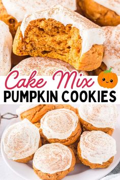 cake mix pumpkin cookies on a white plate with the title in the middle and an image of